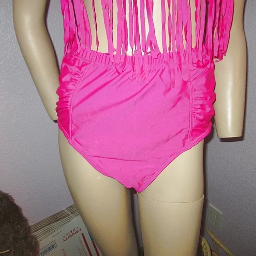 Hot Pink Bikini Size XXL High Waist 2 Piece Swimsuit Convertible Fringe Coquette